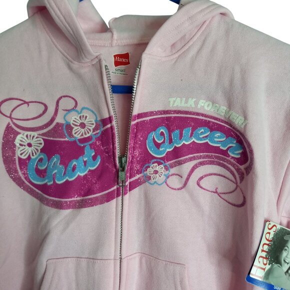Hanes Size S 6 6X Hoodie Sweatshirt Girls Pink Chat Queen Glitter Lettering NEW - Picture 3 of 7